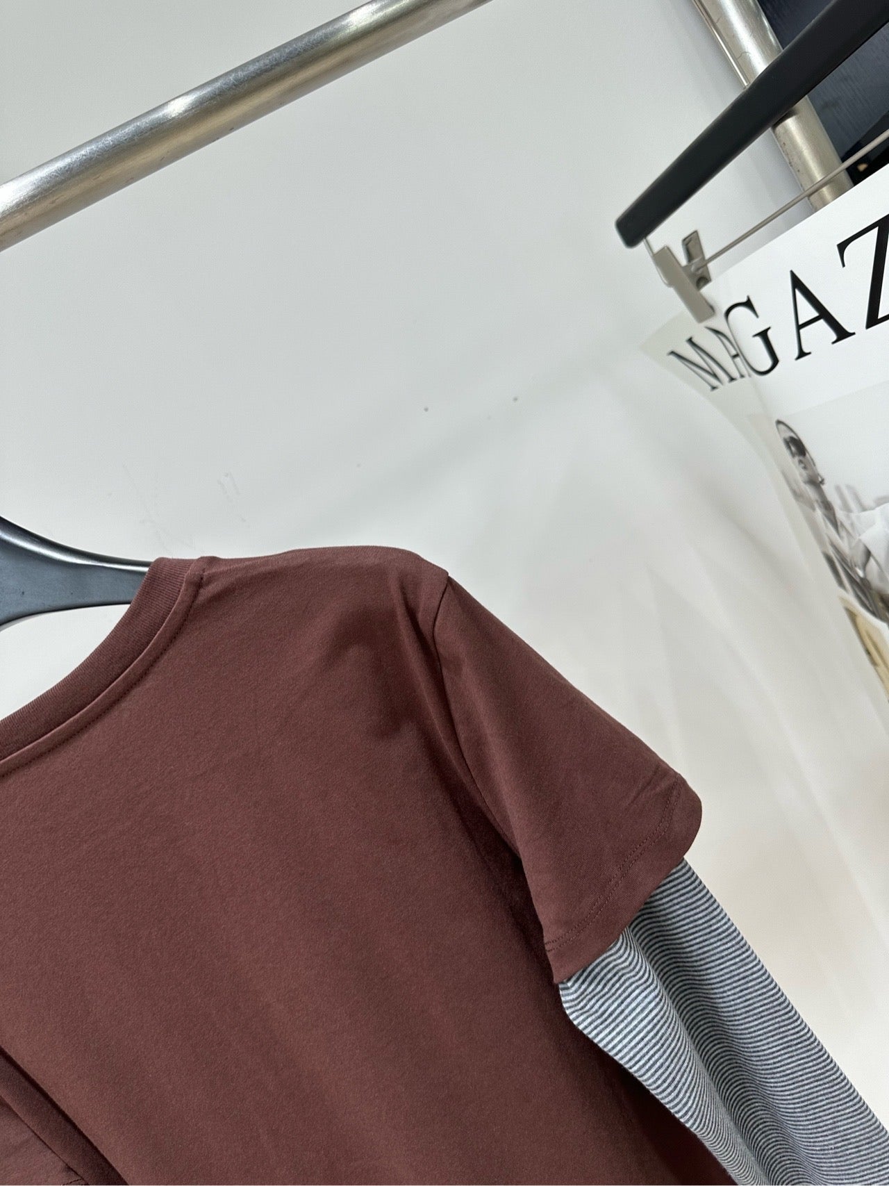 Miu 26s Striped Faux Two-Piece Polo Collar Long-Sleeve T-Shirt Brown 410035