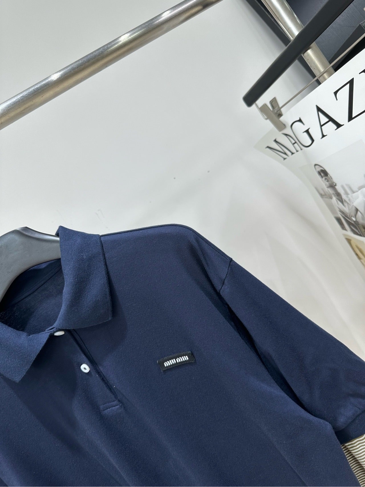 Miu 26s Striped Faux Two-Piece Polo Collar Long-Sleeve T-Shirt Navy Blue 410027