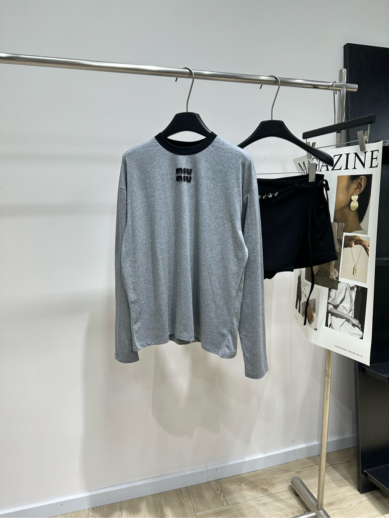 Miu 26s Crew Neck Long Sleeve T-Shirt Grey Cotton 417164