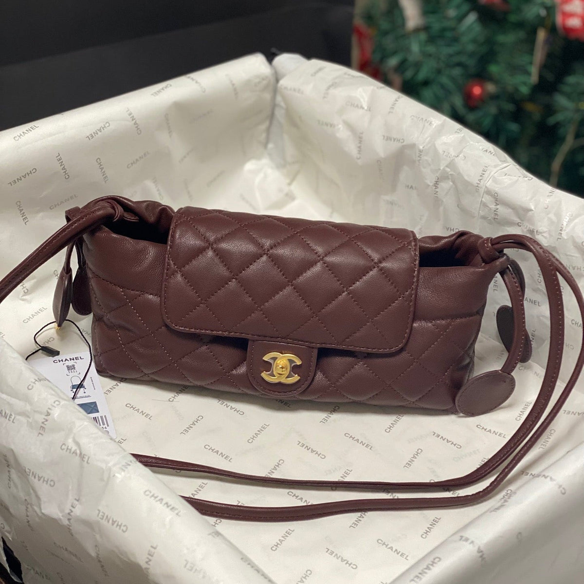 Chanel 2026 Pouch With Leather Strap 25cm Burgundy Calfskin