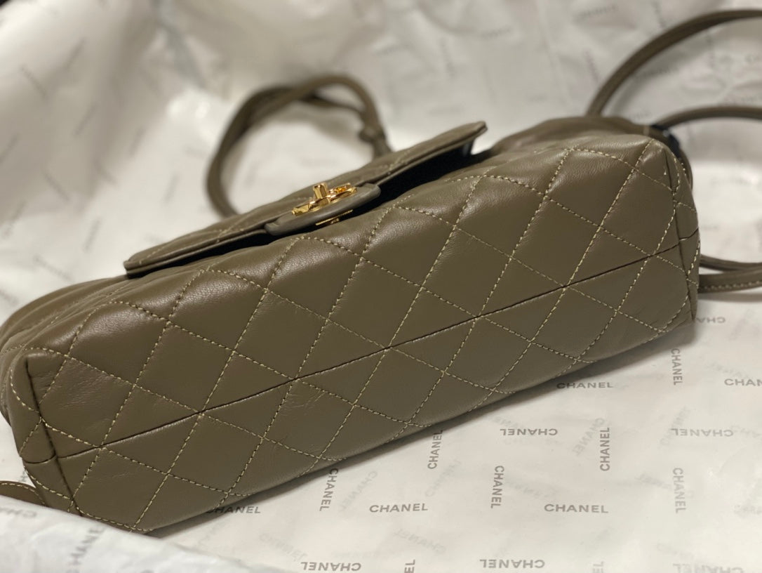 Chanel 2026 Pouch With Leather Strap 25cm Olive Green Calfskin