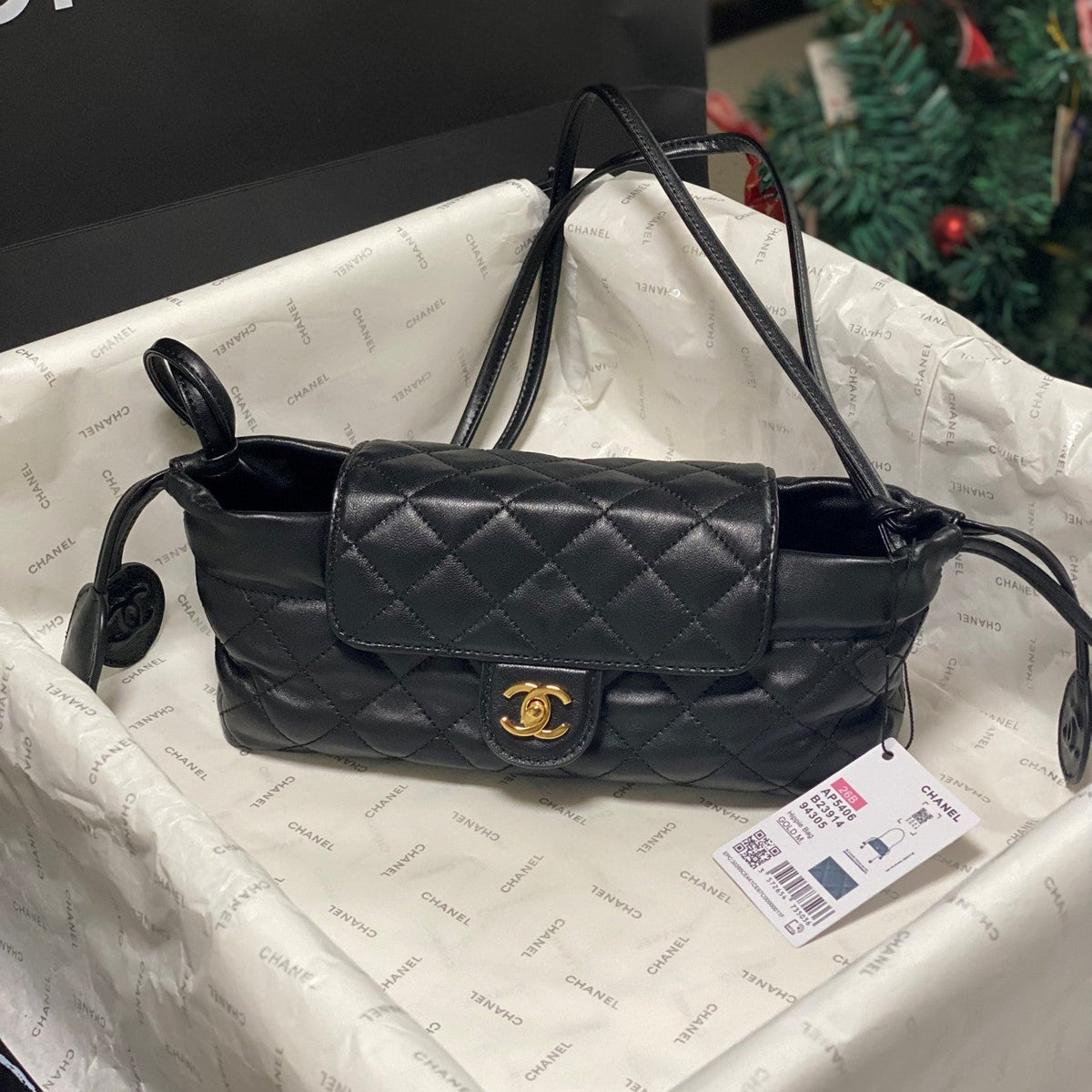 Chanel 2026 Pouch With Leather Strap 25cm Black Calfskin