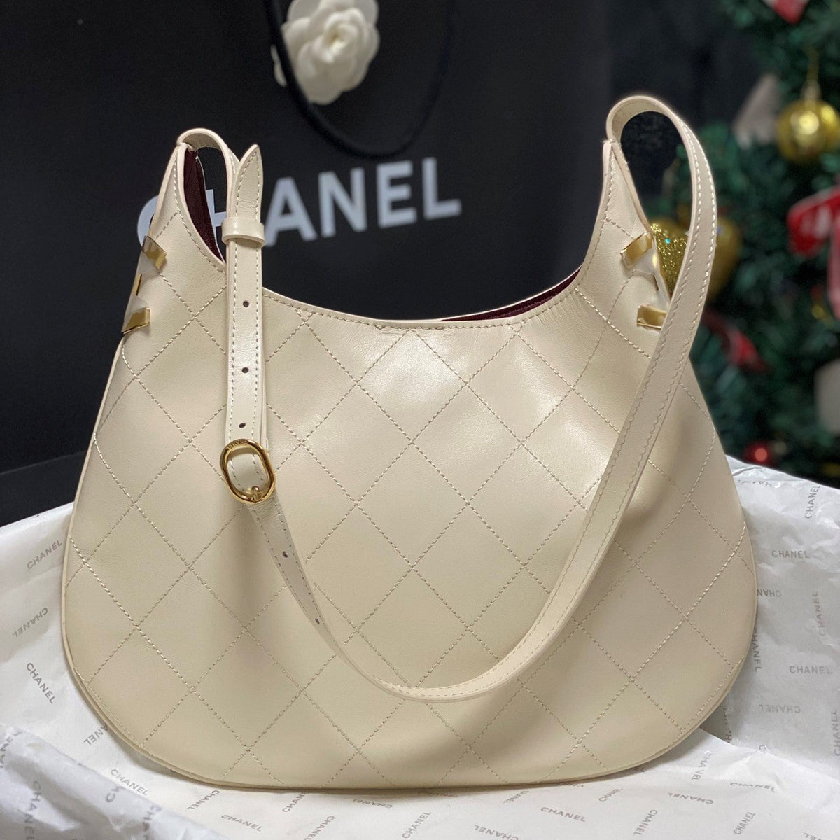 Chanel 2026 AS6478 Hobo Bag Ecru Lambskin Leather
