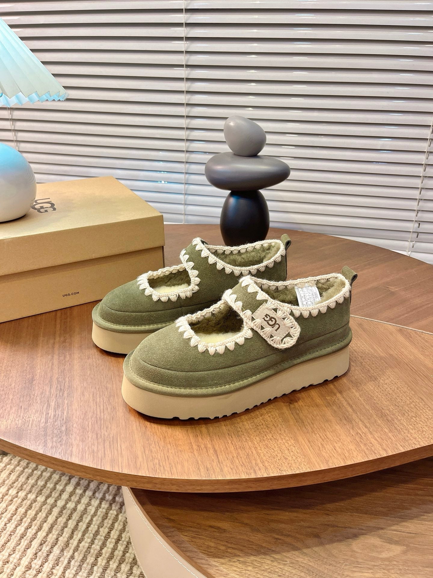 UGG Tazz Mary Jane Shoes Light Olive Green Suede Shearing