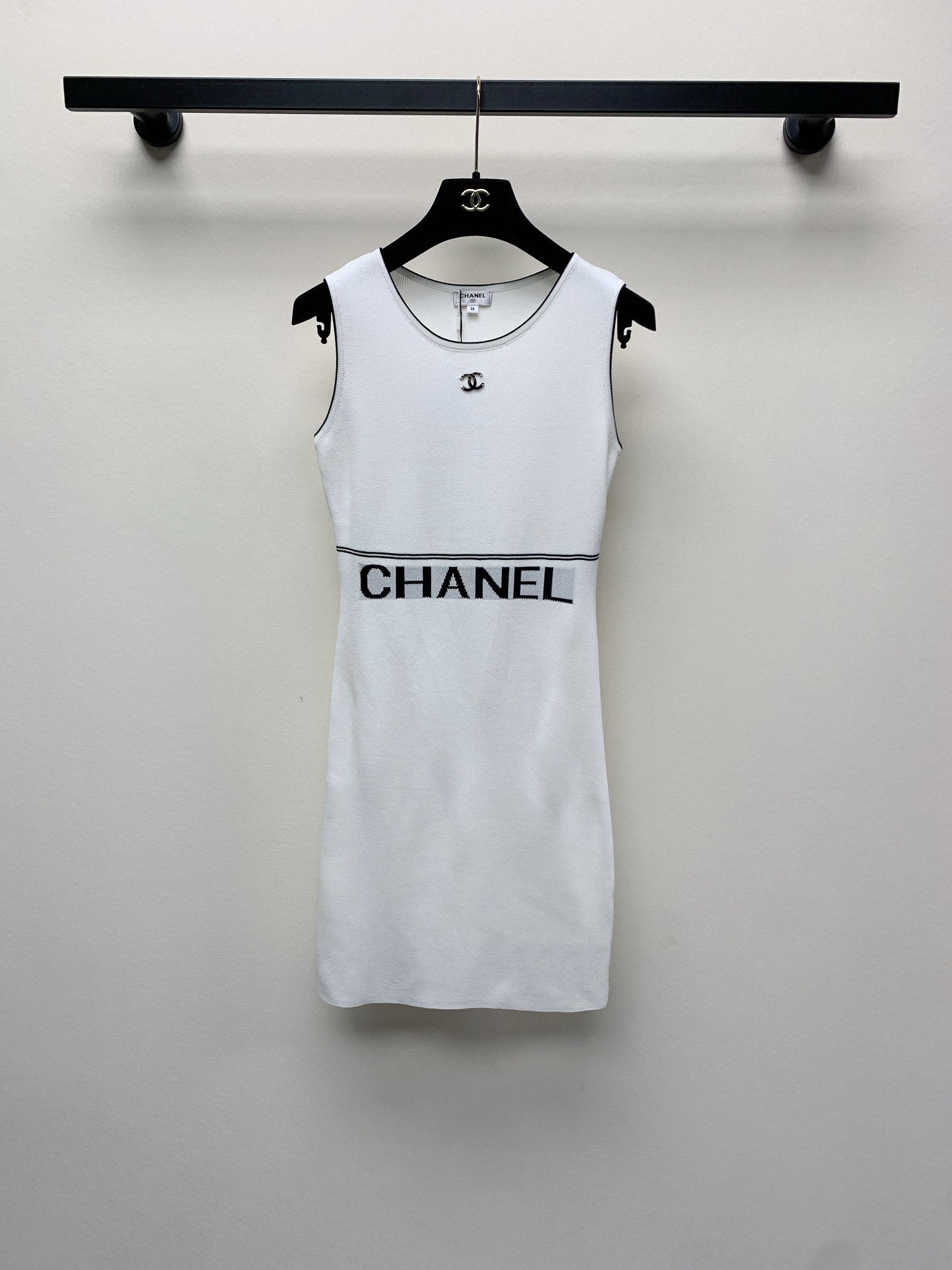 CC 25 Round Neck Knitted Embroidered Logo Vest Dress in White  277584