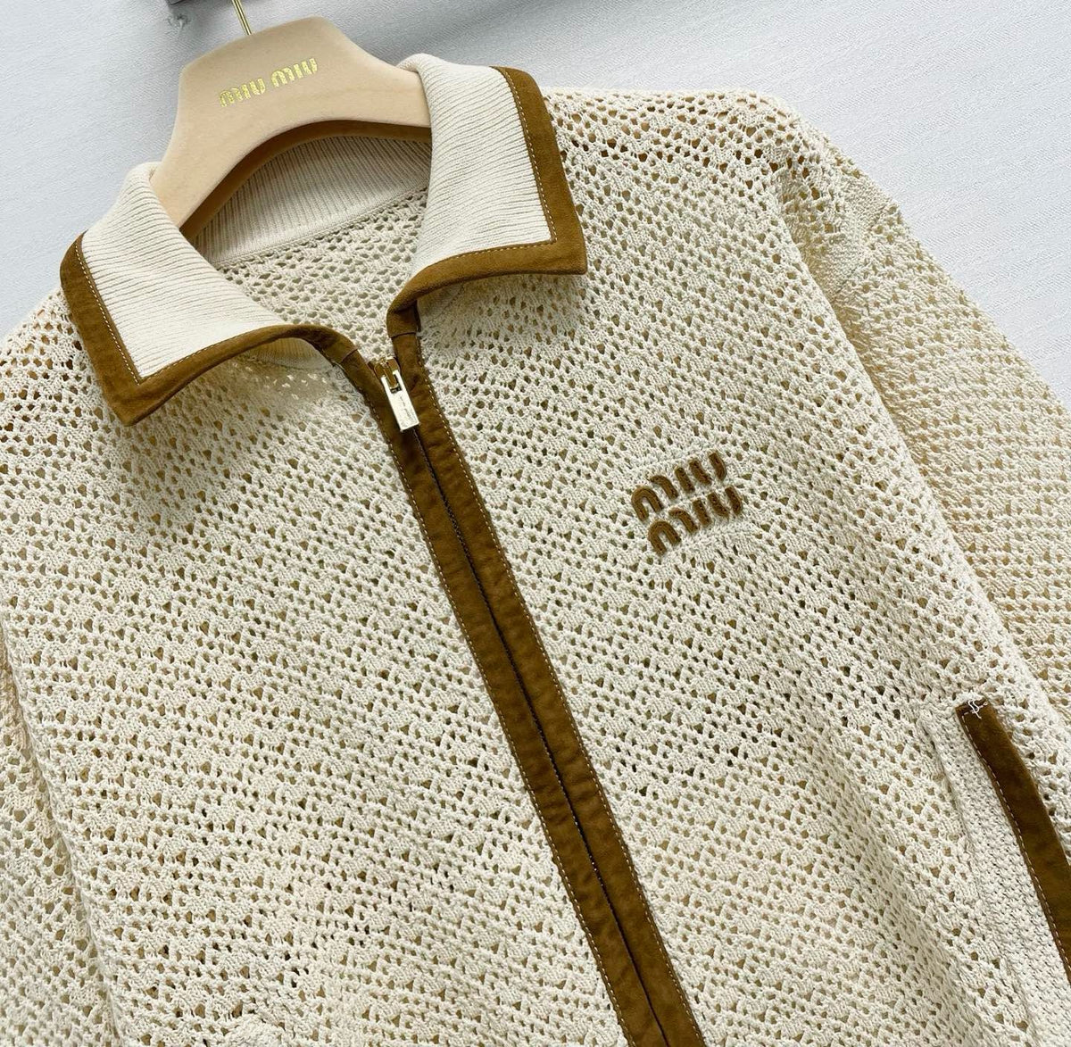 Miu 26s Crochet Jacket White Cotton Suede 432796