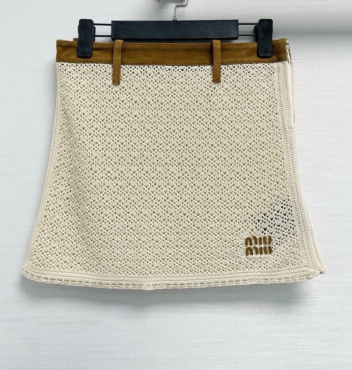 Miu 26s Crochet Miniskirt White Cotton Suede 432800