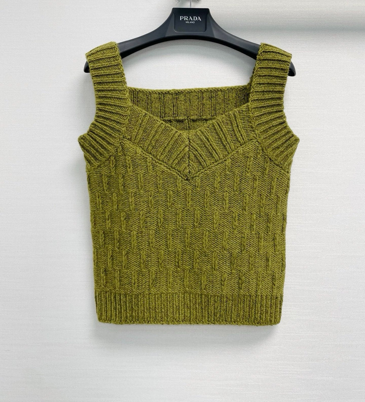 Prada 26S Cable-Knit Sweater Vest Olive Green 440327