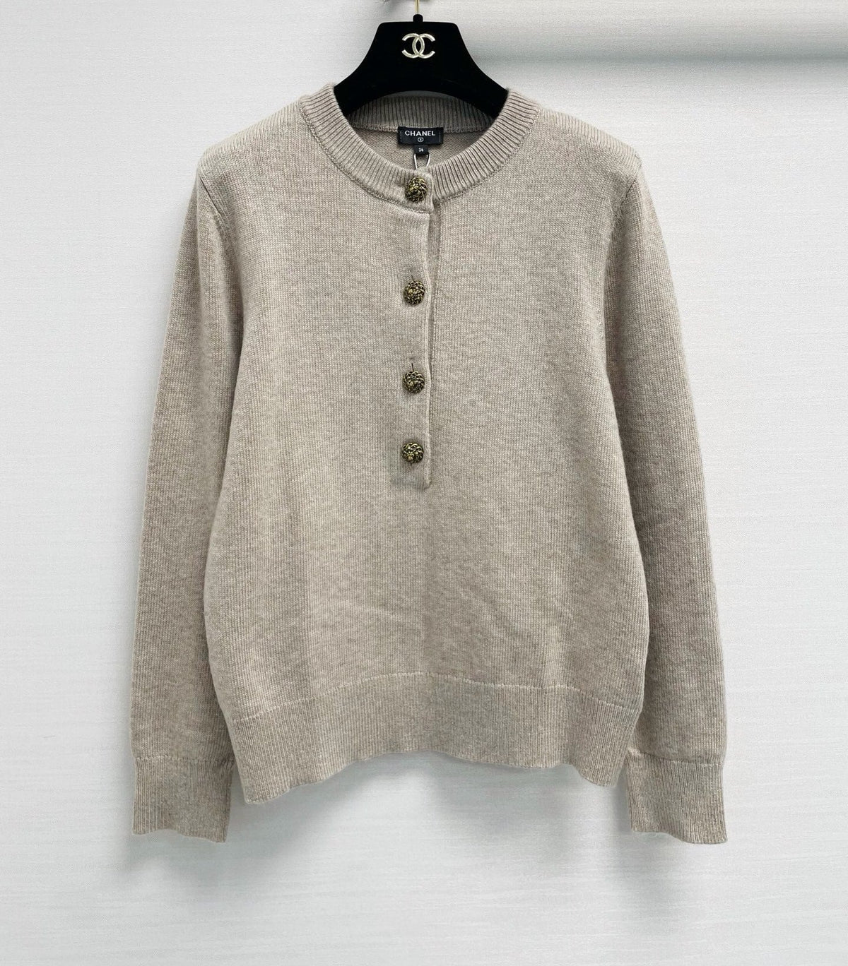 Chanel 26S Buttoned Round Neck Knit Sweater Cashmere