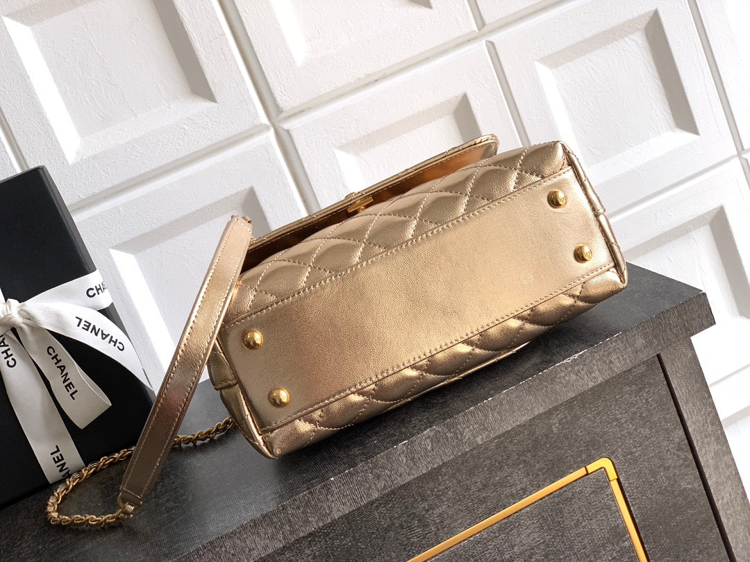 CC Coco Top Handle Bag 23cm Gold Metalic Quited Leather