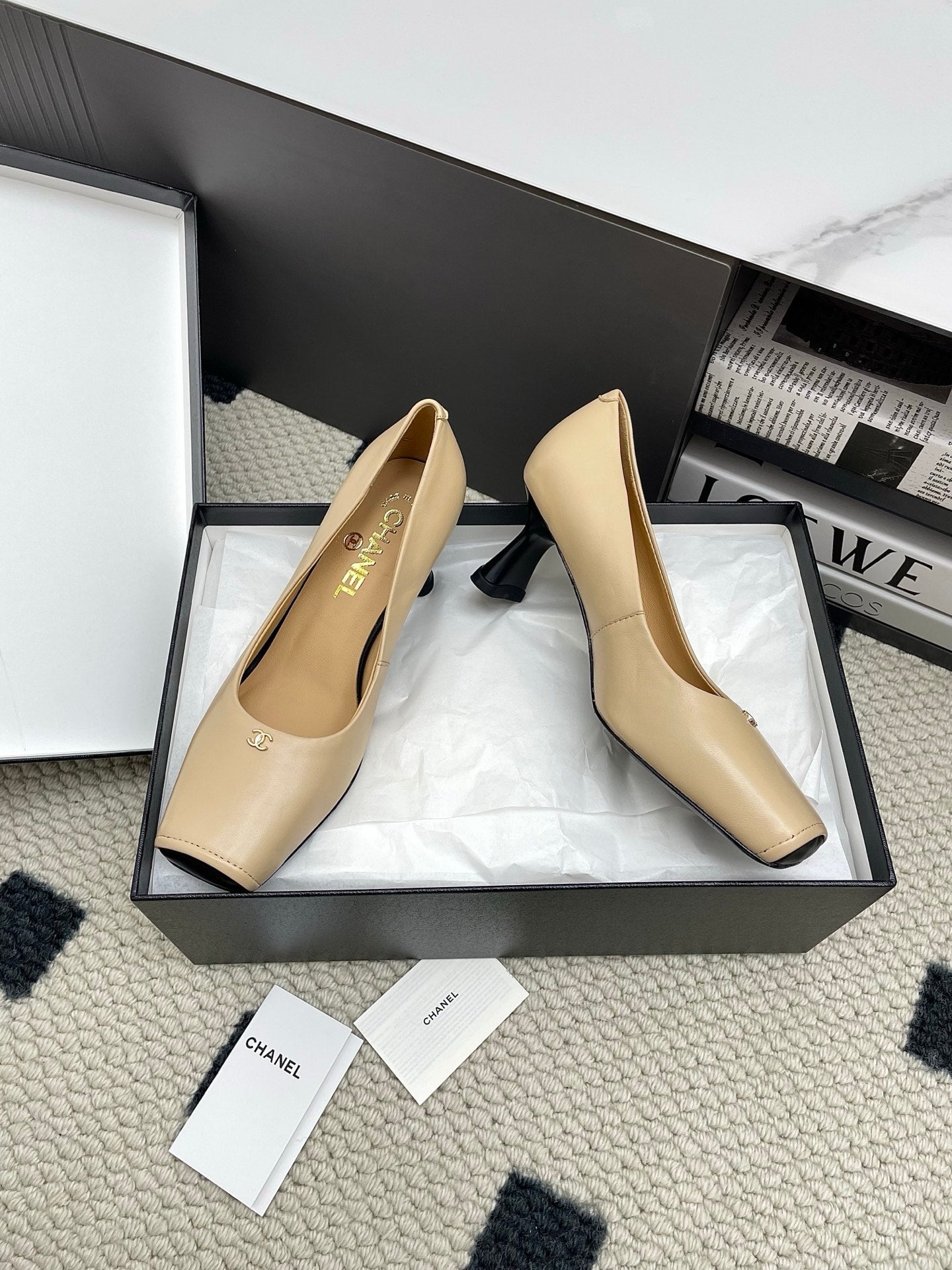 CC Square-Toe Pumps 65mm Beige Sheepskin 427014