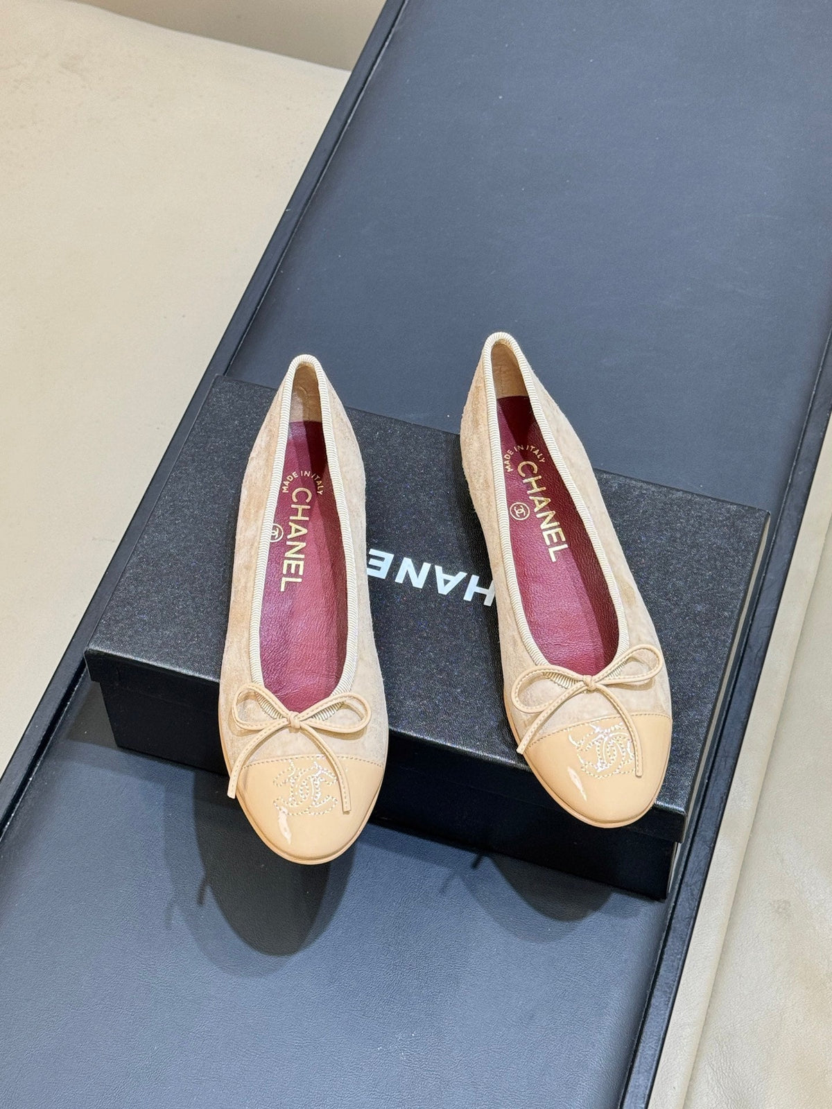 CC 26s Bow Ballet Flats 1cm Beige Tweed 150307