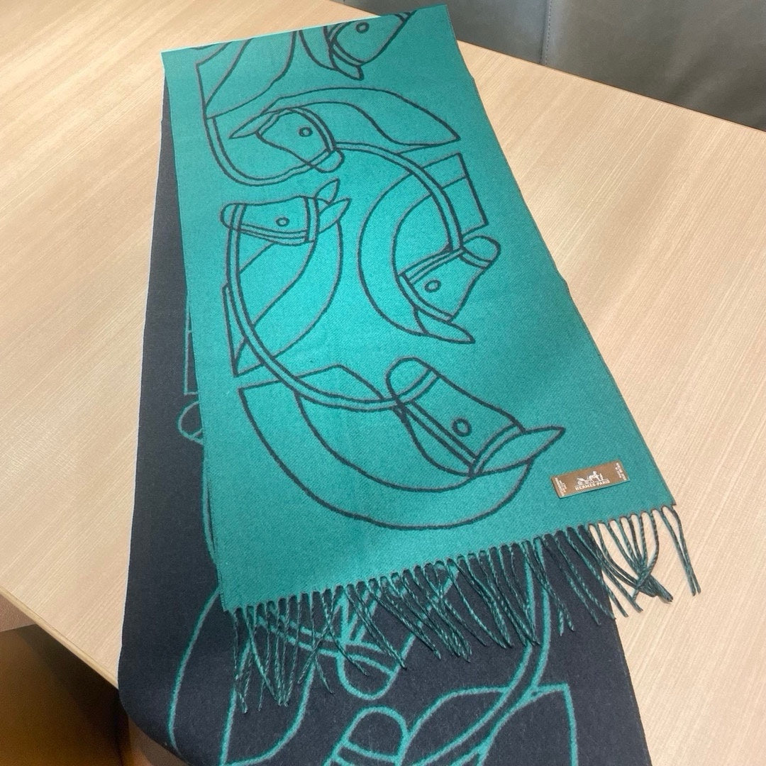 Casaque Entrelacs Equestres Scarf 195 CM Black Mix Jade Green Cashmere
