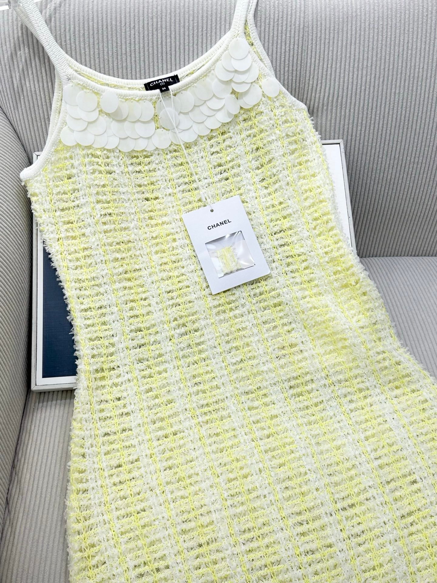 CC 26s Custom-Dyed Yarn Knitted Slip Dress White Yellow Cotton 415552