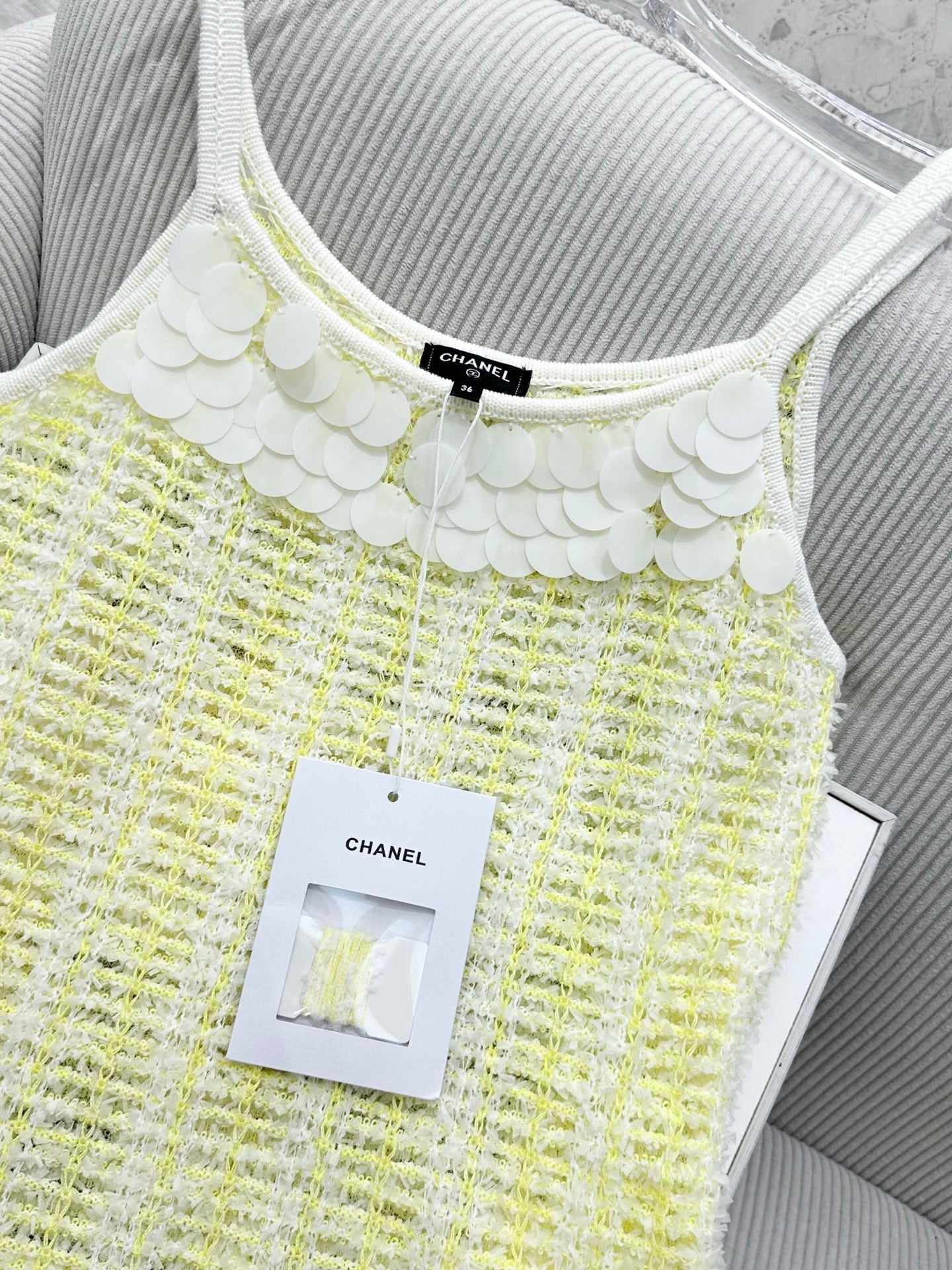 CC 26s Custom-Dyed Yarn Knitted Slip Dress White Yellow Cotton 415552