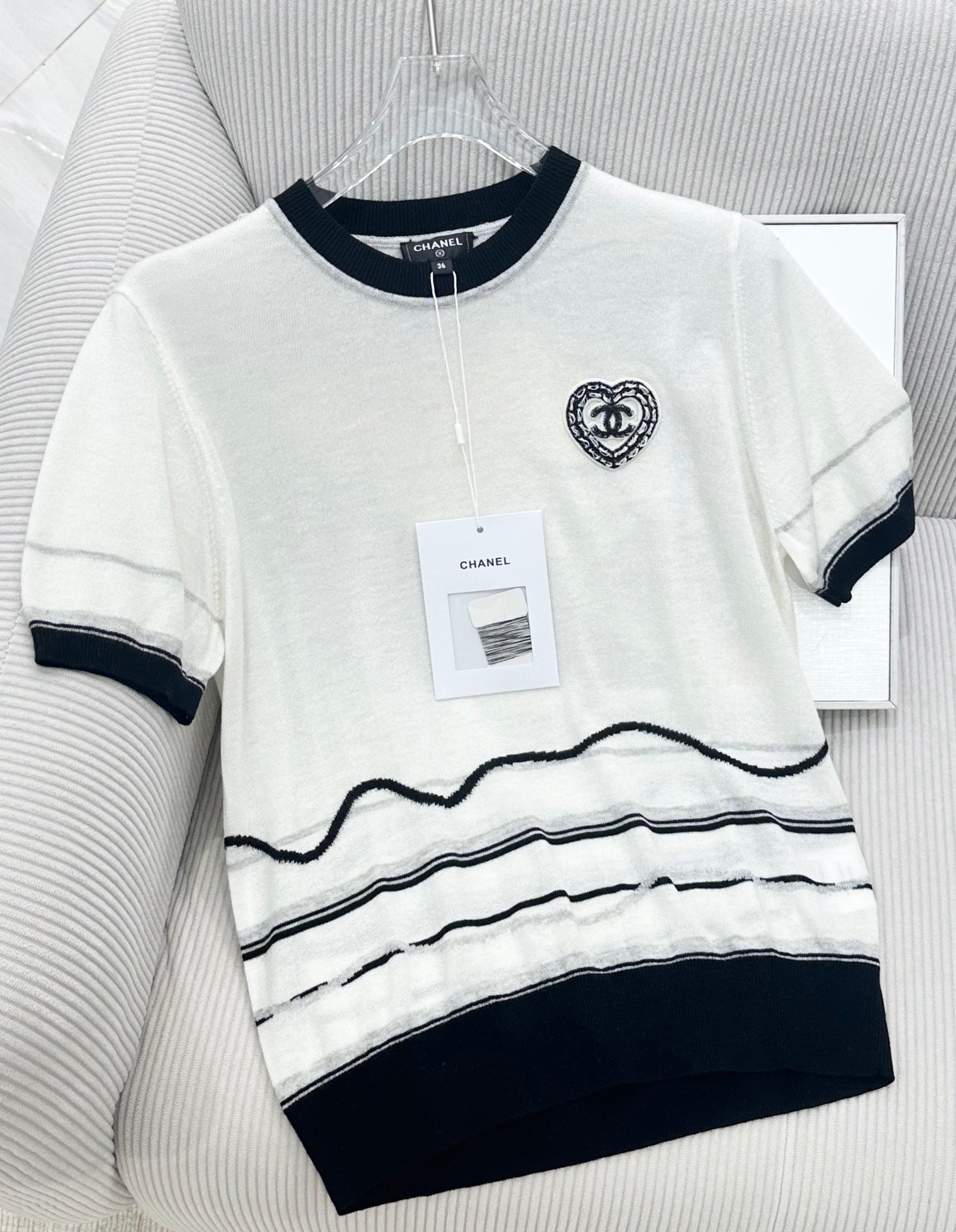 CC 26s Knit Short-Sleeve Top White Black Wool 415508