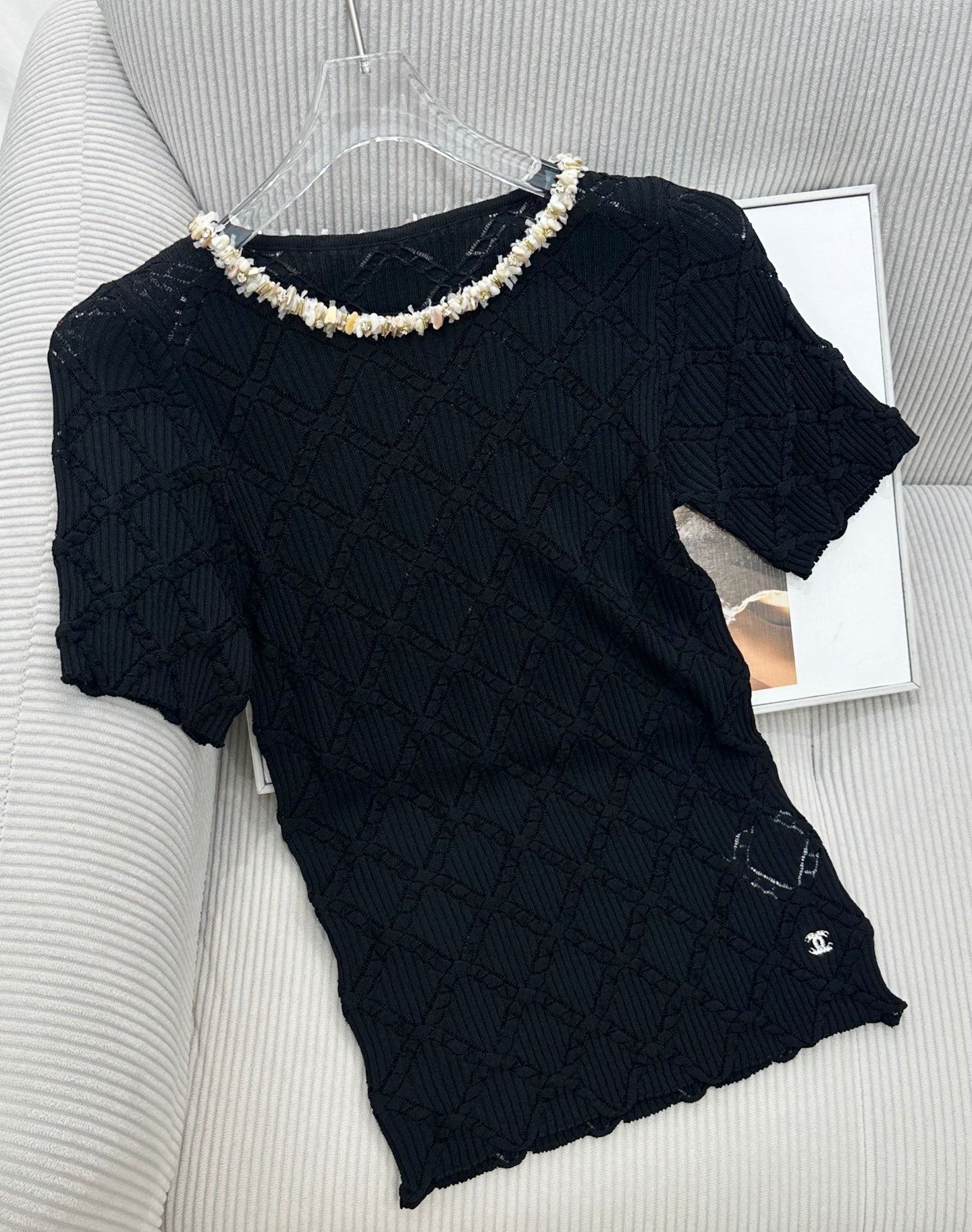 CC 26s Round Neck Knit Short-Sleeved Top Black Tencel Silk 415531