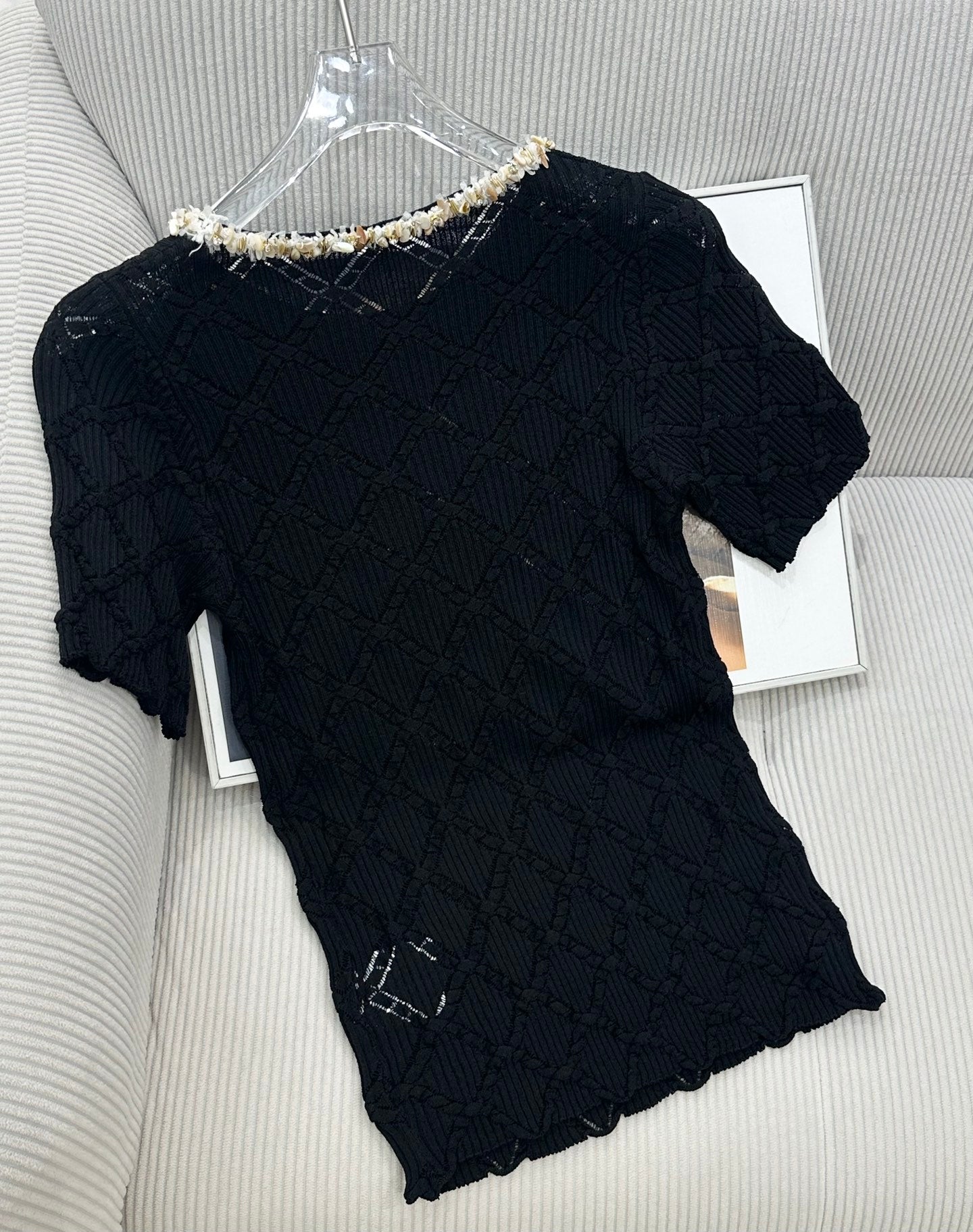 CC 26s Round Neck Knit Short-Sleeved Top Black Tencel Silk 415531