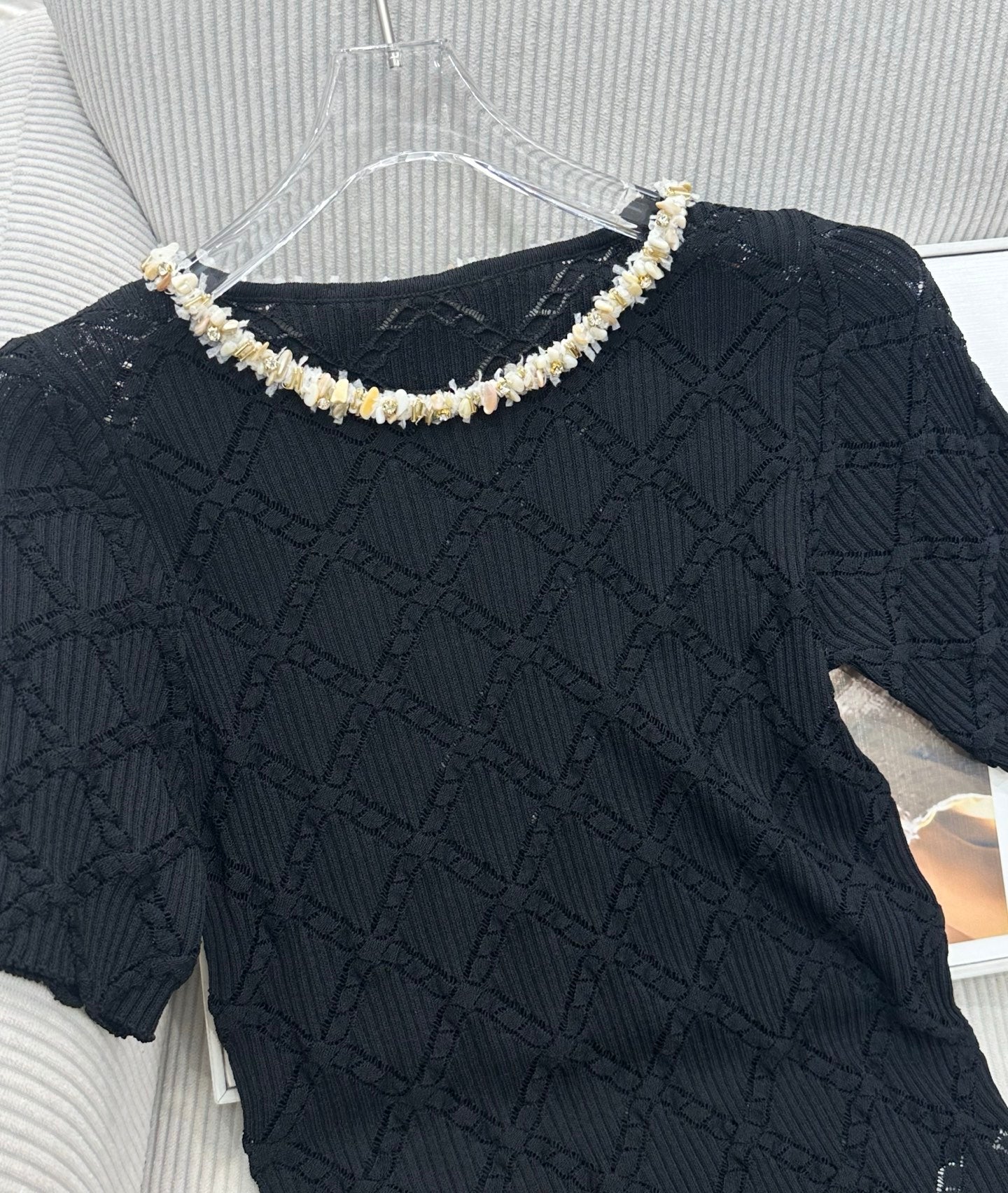 CC 26s Round Neck Knit Short-Sleeved Top Black Tencel Silk 415531