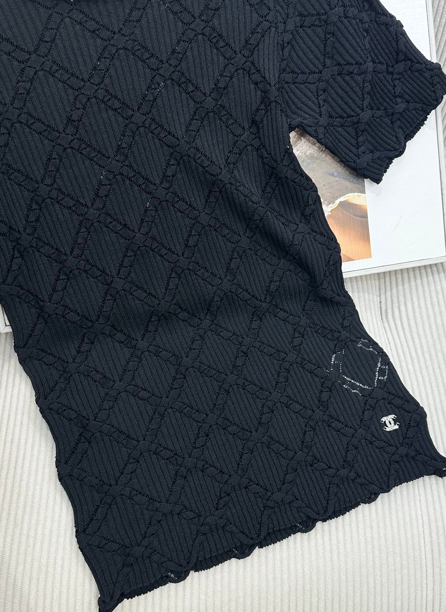 CC 26s Round Neck Knit Short-Sleeved Top Black Tencel Silk 415531