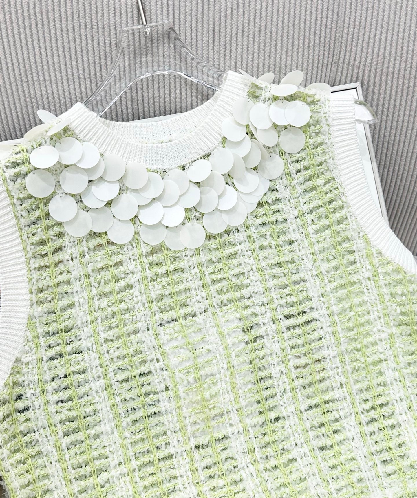 CC 26s Custom-Dyed Yarn Vest Top White Green Cotton 415546