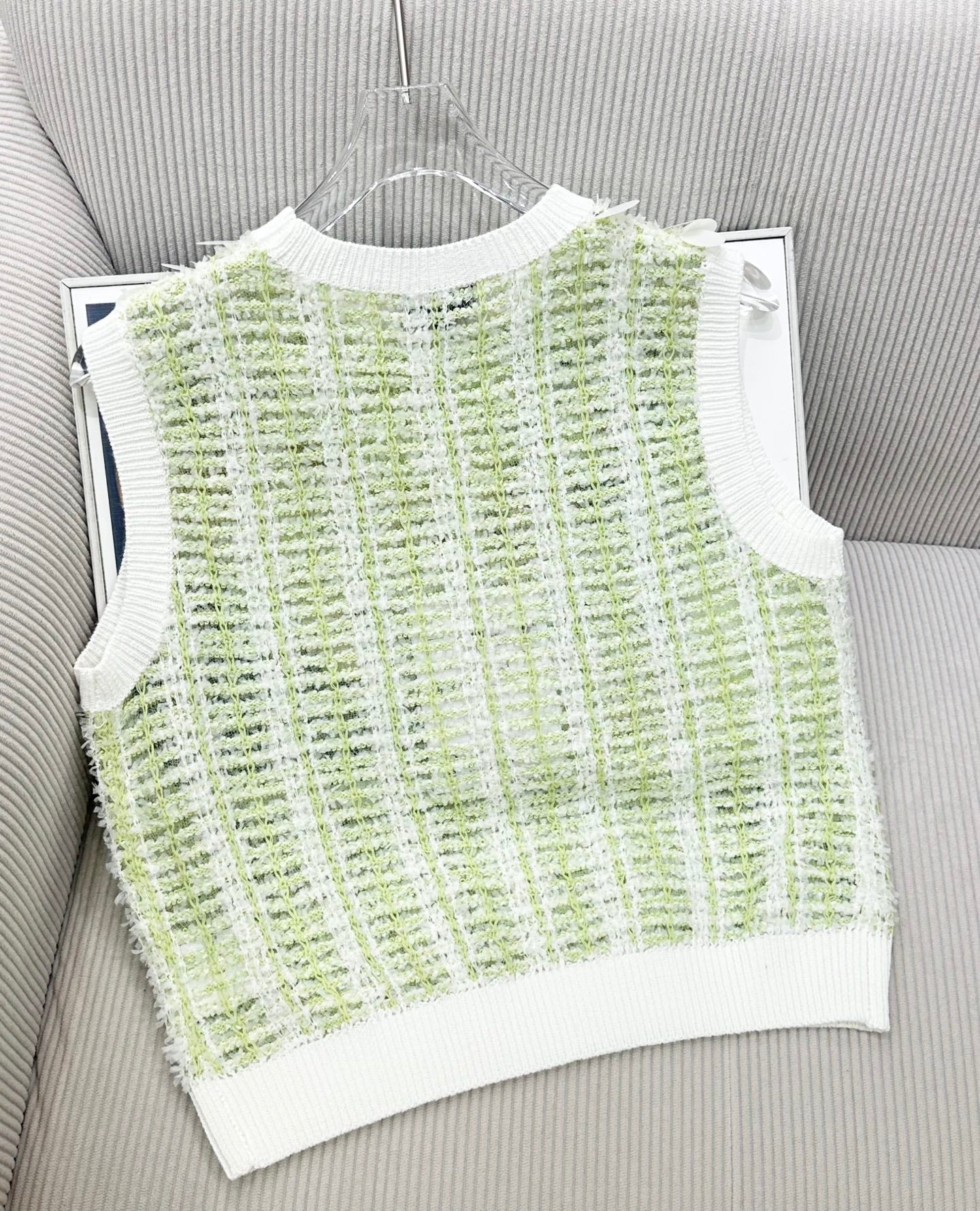 CC 26s Custom-Dyed Yarn Vest Top White Green Cotton 415546