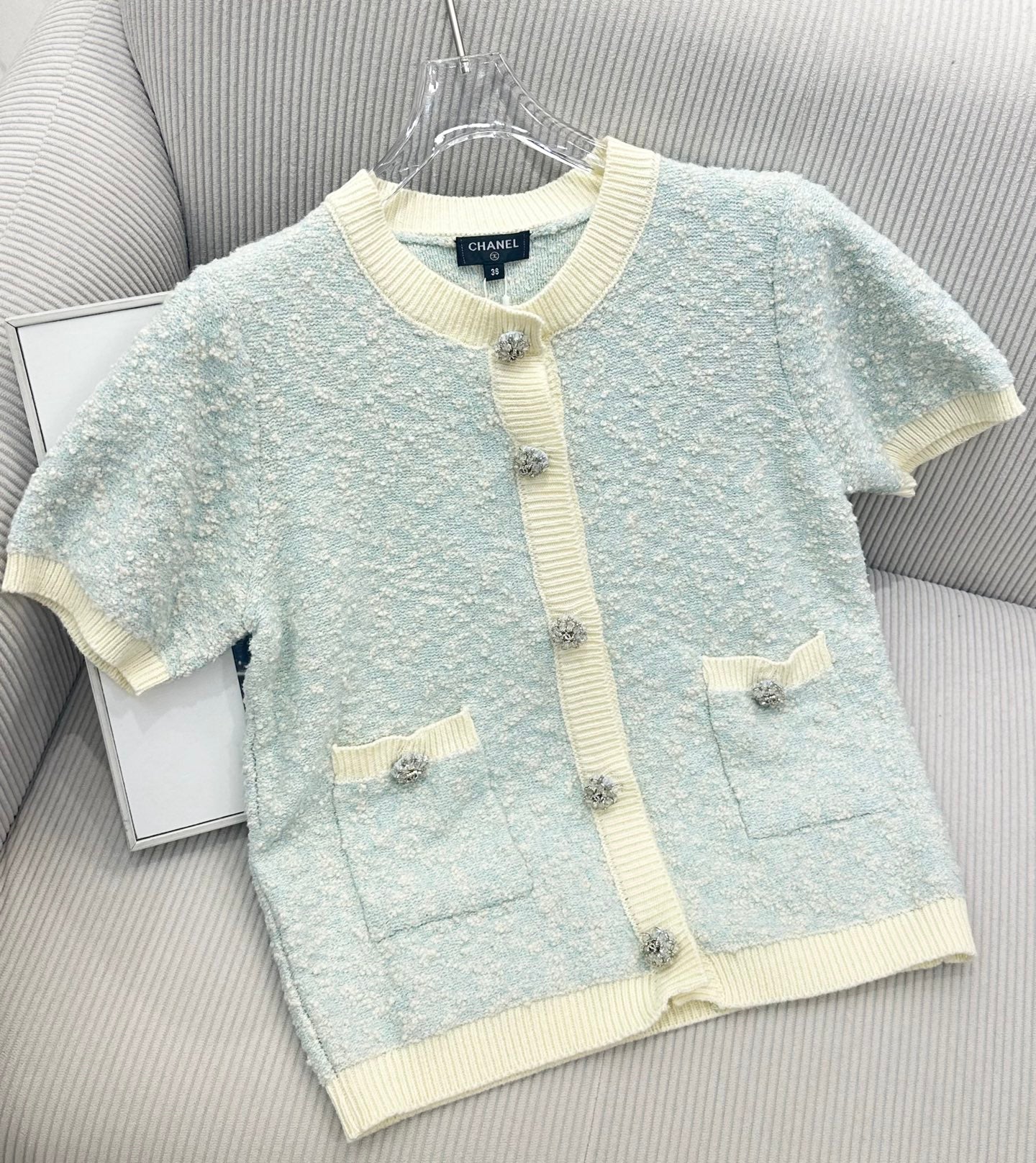 CC 26s Short-Sleeved Cardigan Light Blue Cream Wool Cotton 415529