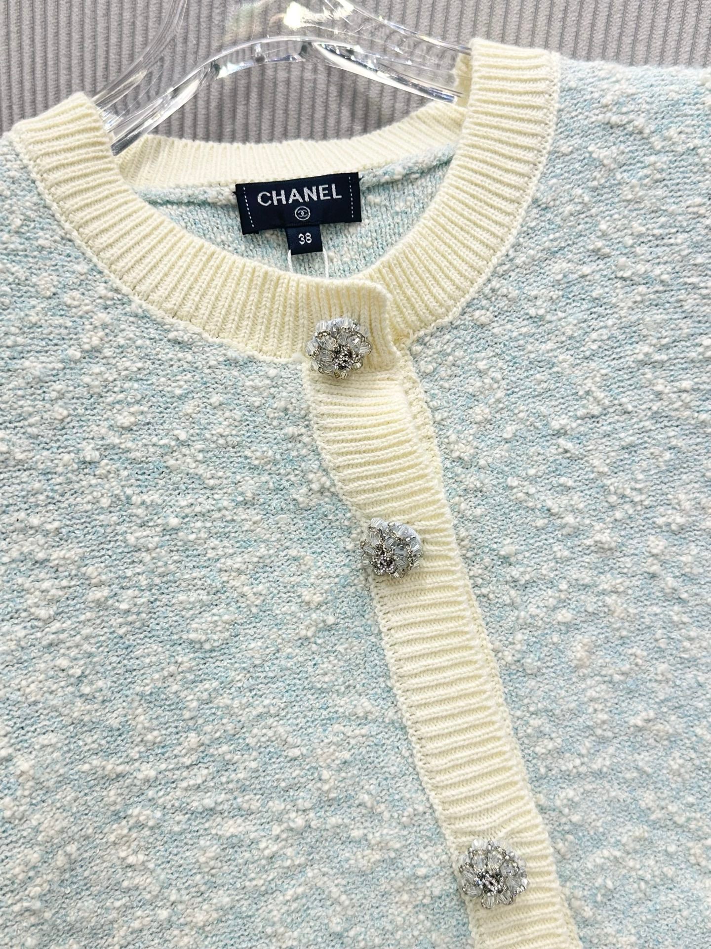 CC 26s Short-Sleeved Cardigan Light Blue Cream Wool Cotton 415529