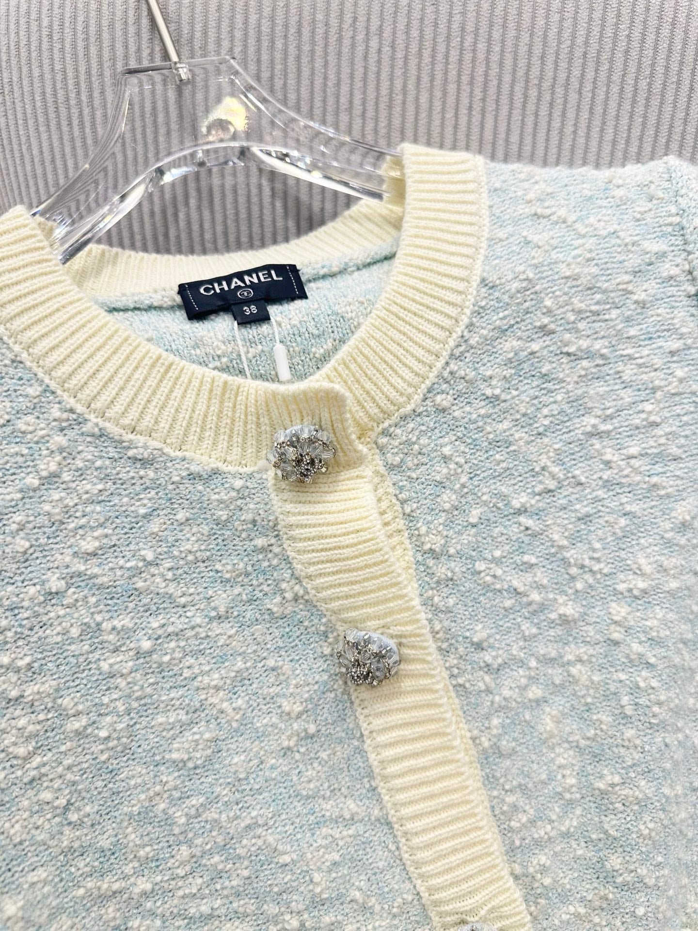 CC 26s Short-Sleeved Cardigan Light Blue Cream Wool Cotton 415529