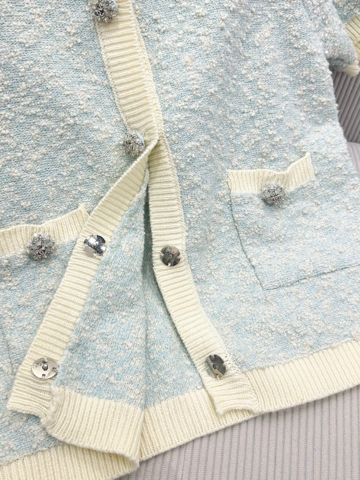 CC 26s Short-Sleeved Cardigan Light Blue Cream Wool Cotton 415529
