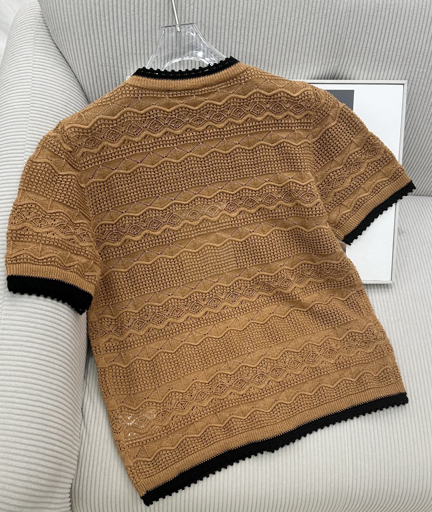 CC 26s Short-Sleeved Cardigan Beige Black Wool Cotton 415527