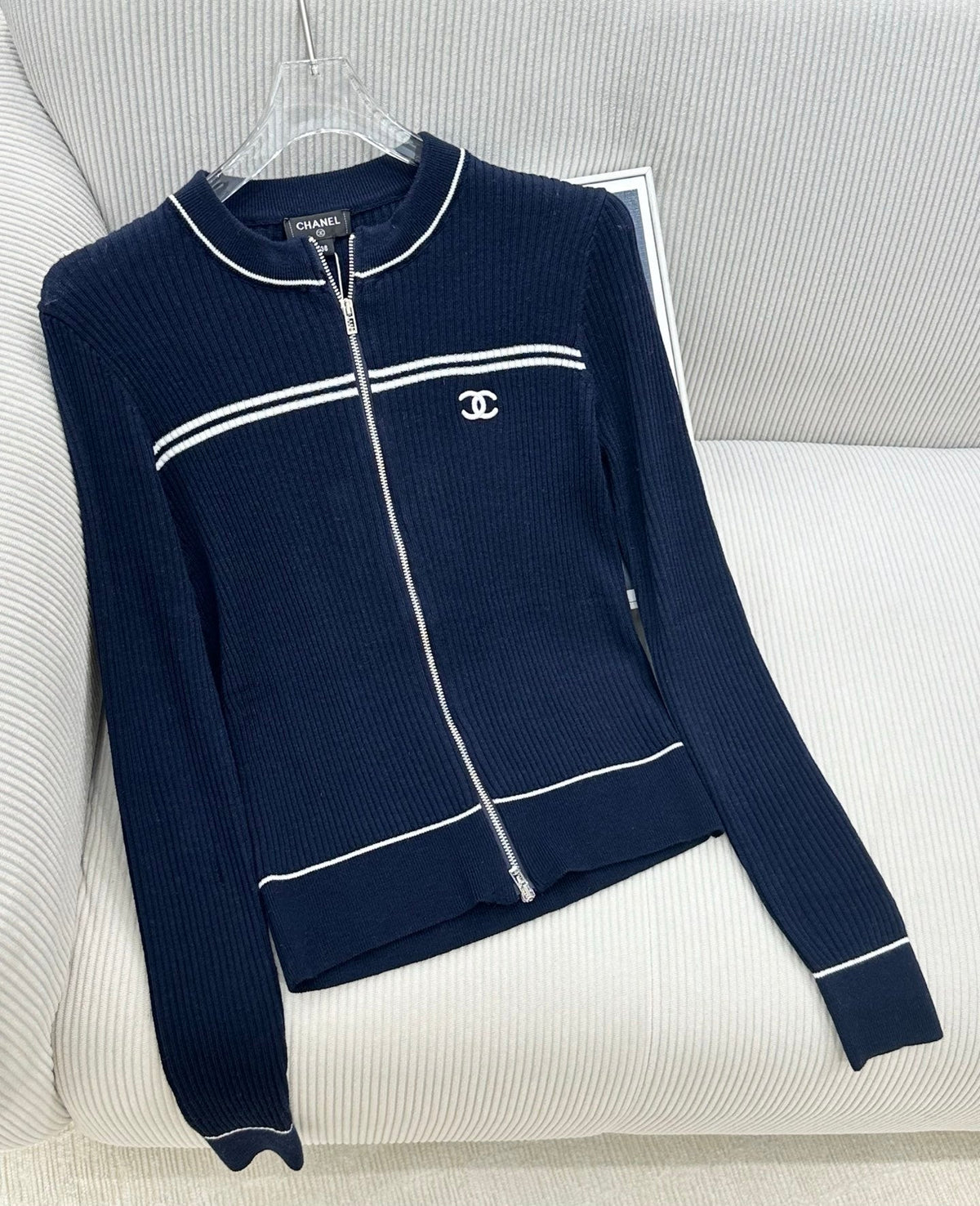 CC 26s Neck Knitted Zipper Cardigan Navy Blue Wool 426271