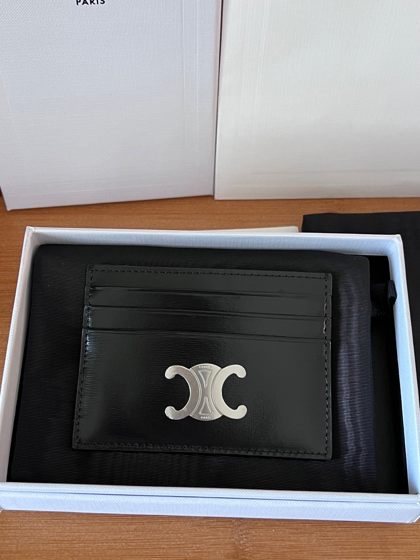 TRIOMPHE Card Holder Black Sliver Cowhide& Fabric