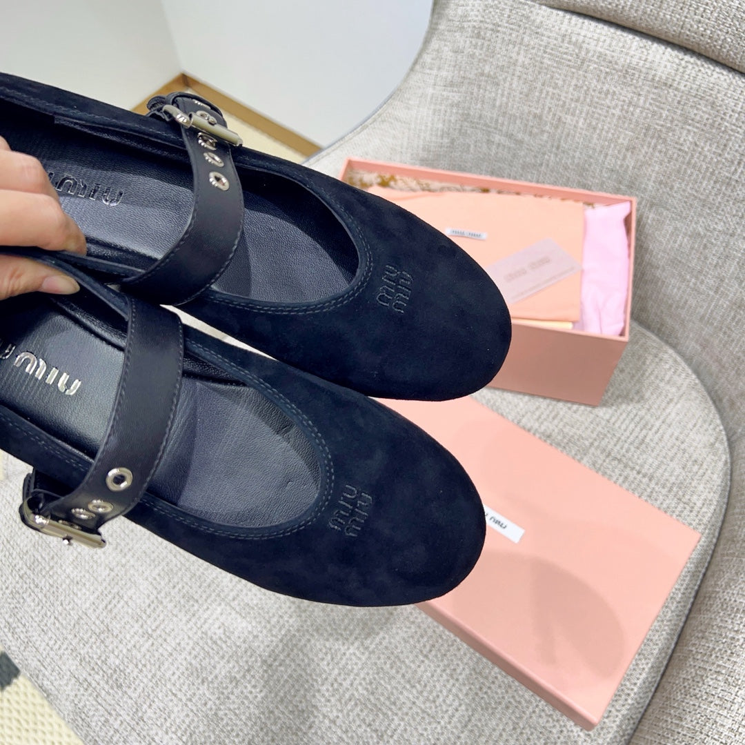 Miu 26s Mary Jane Flats In Black Suede With Black Buckle Strap