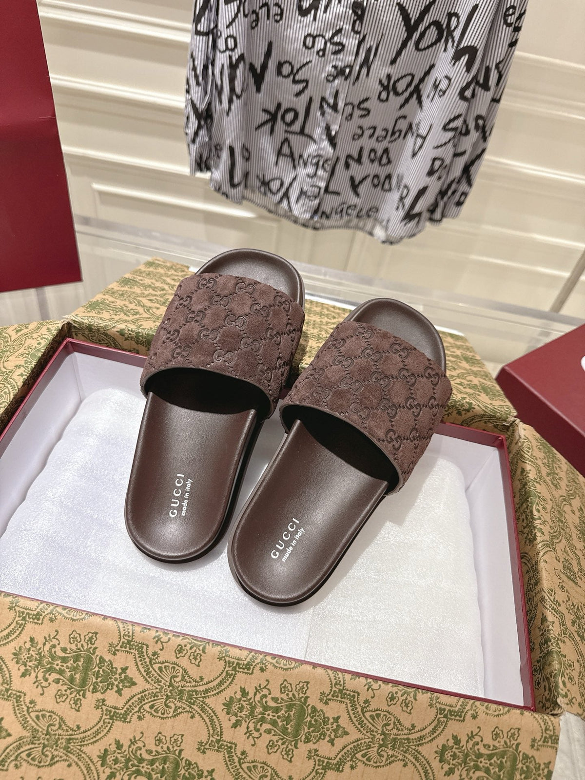 GG 26s Slides In Dark Brown Suede With Embossed Logo Style 1