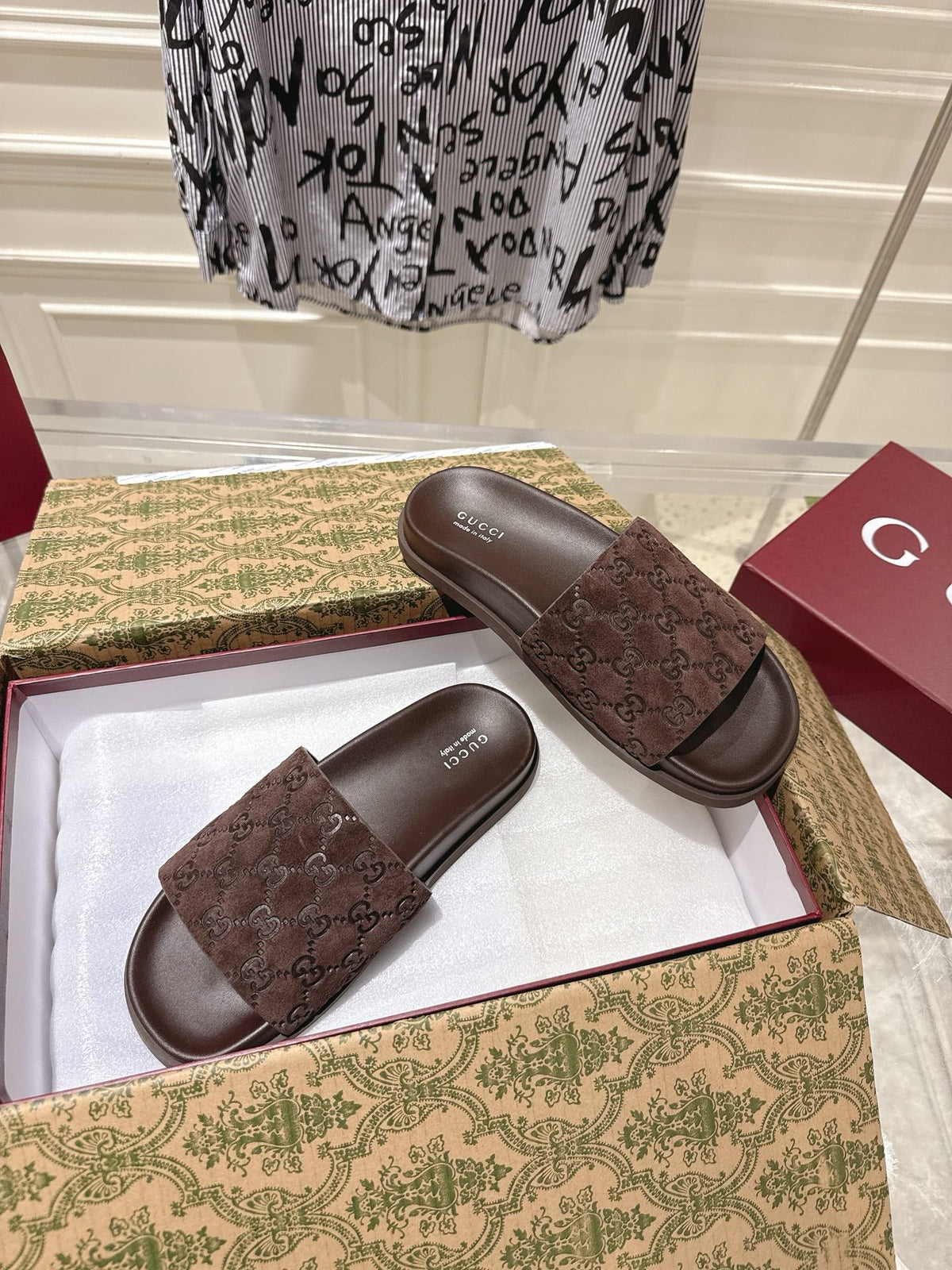 GG 26s Slides In Dark Brown Suede With Embossed Logo Style 1