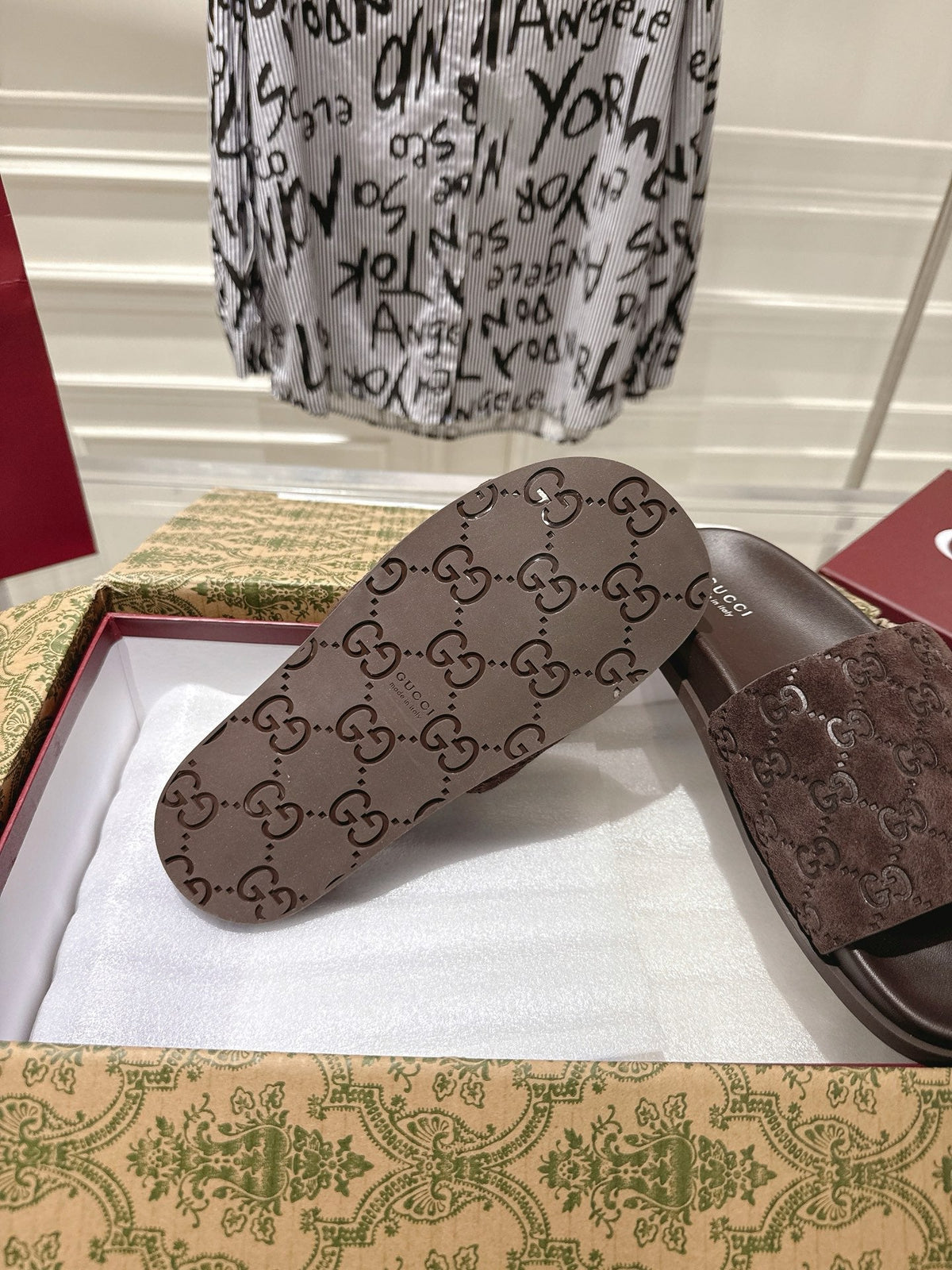 GG 26s Slides In Dark Brown Suede With Embossed Logo Style 1
