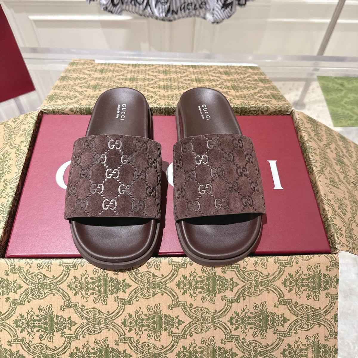 GG 26s Slides In Dark Brown Suede With Embossed Logo Style 1