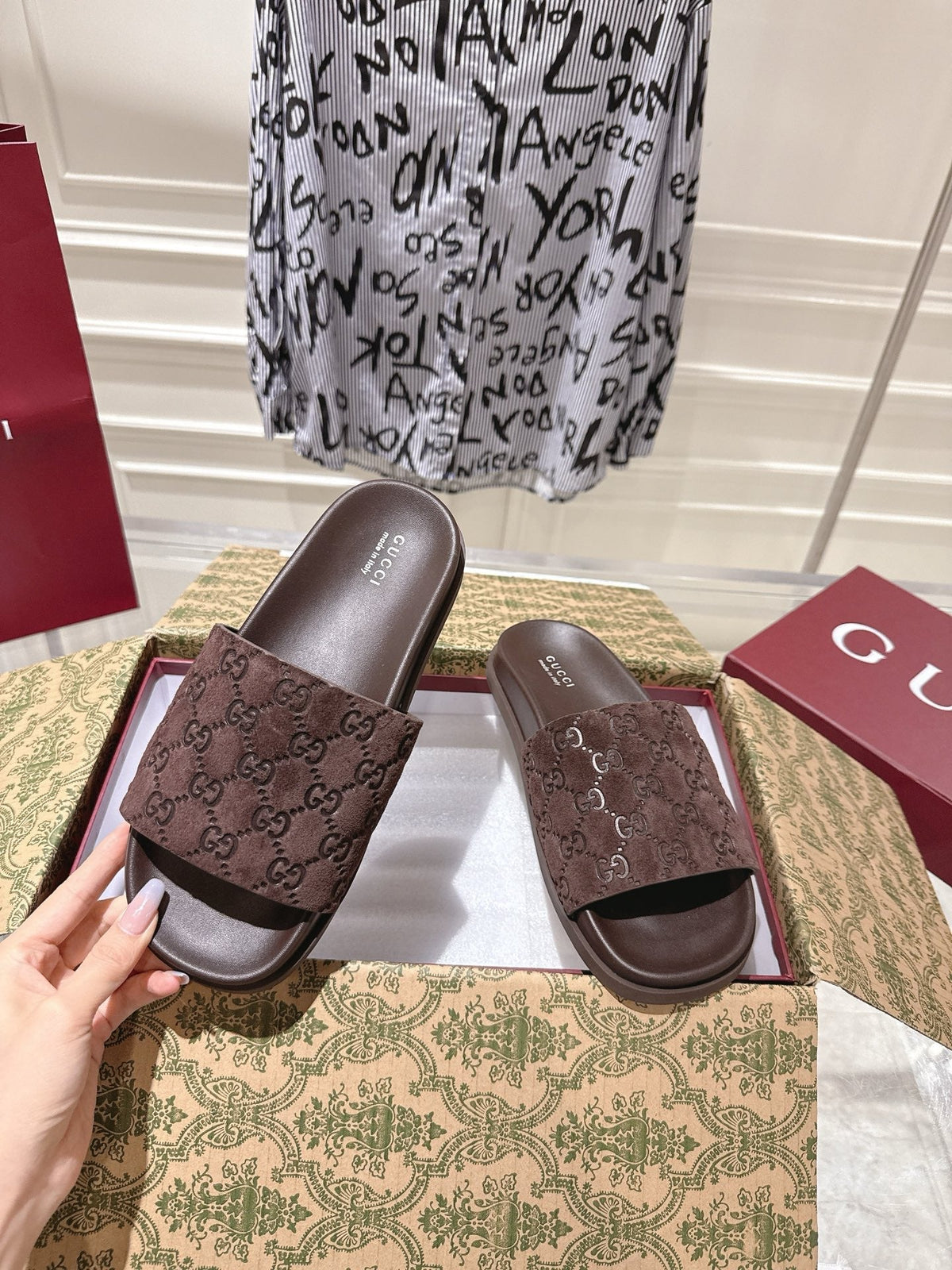 GG 26s Slides In Dark Brown Suede With Embossed Logo Style 1