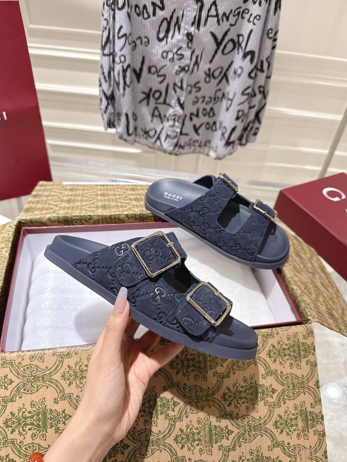 GG 26s Sandals In Navy Blue Suede Embossed Logo Silver Hardware