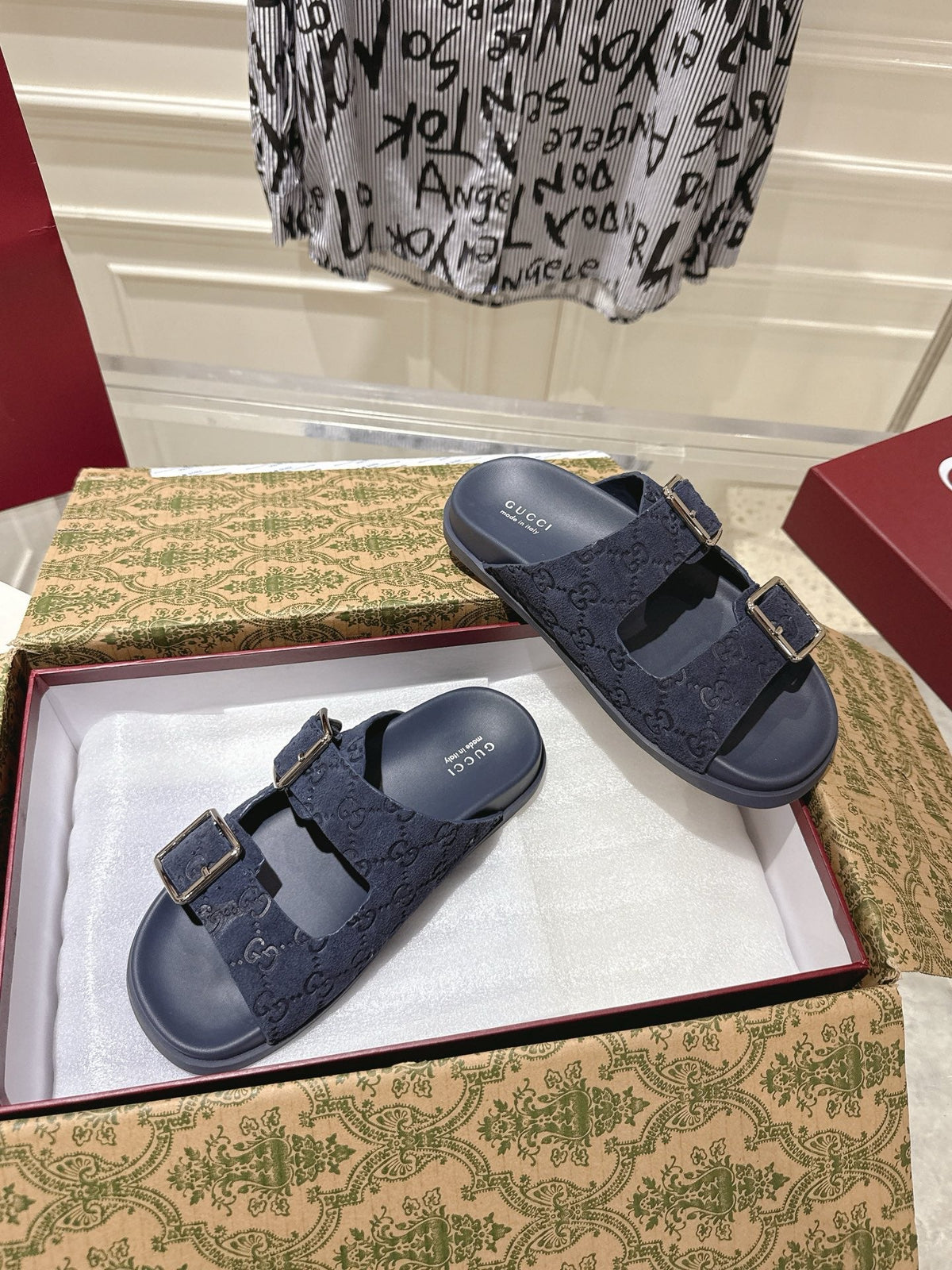 GG 26s Sandals In Navy Blue Suede Embossed Logo Silver Hardware