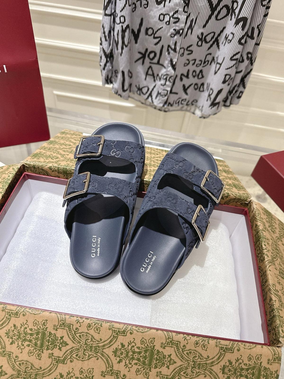 GG 26s Sandals In Navy Blue Suede Embossed Logo Silver Hardware