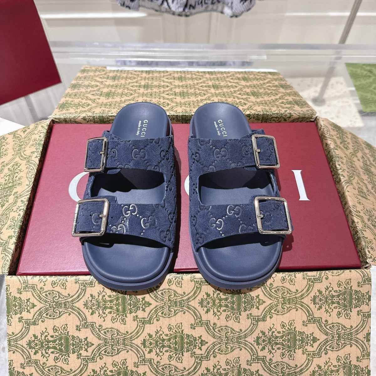 GG 26s Sandals In Navy Blue Suede Embossed Logo Silver Hardware
