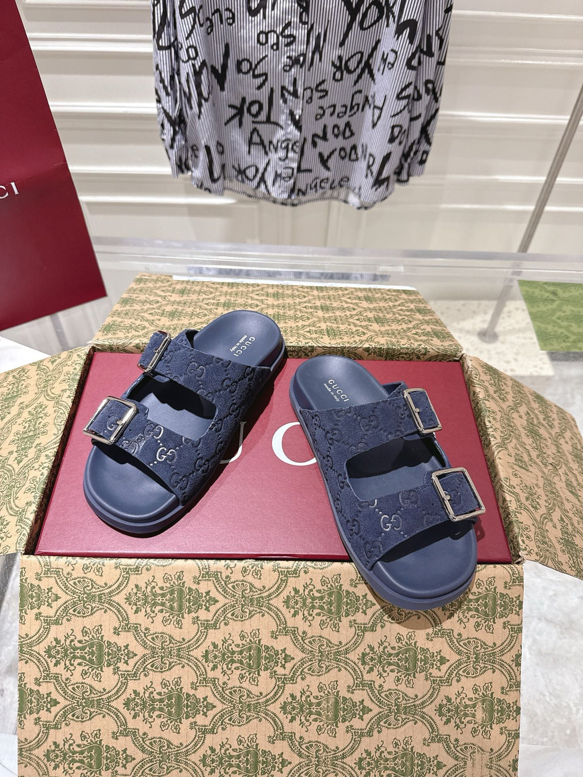 GG 26s Sandals In Navy Blue Suede Embossed Logo Silver Hardware