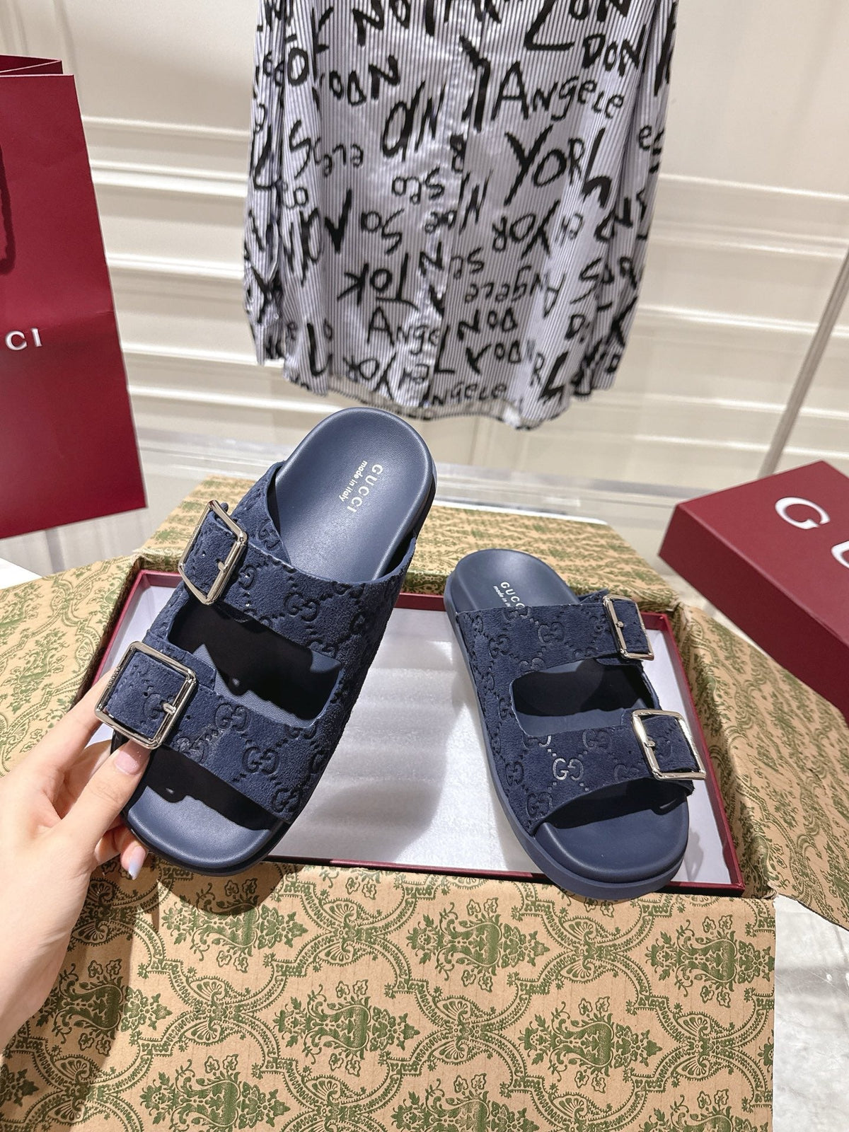 GG 26s Sandals In Navy Blue Suede Embossed Logo Silver Hardware