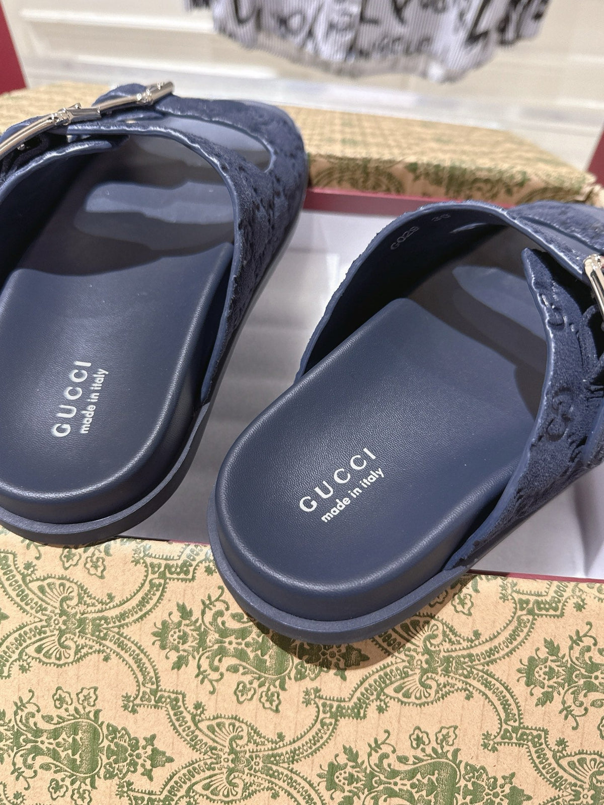 GG 26s Sandals In Navy Blue Suede Embossed Logo Silver Hardware