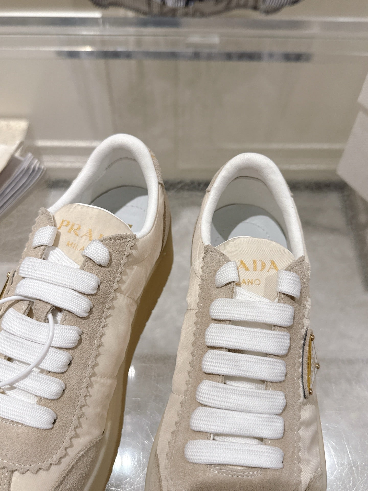 Prada 26s Downtown Sneakers Cream Beige Re-Nylon Suede 968251