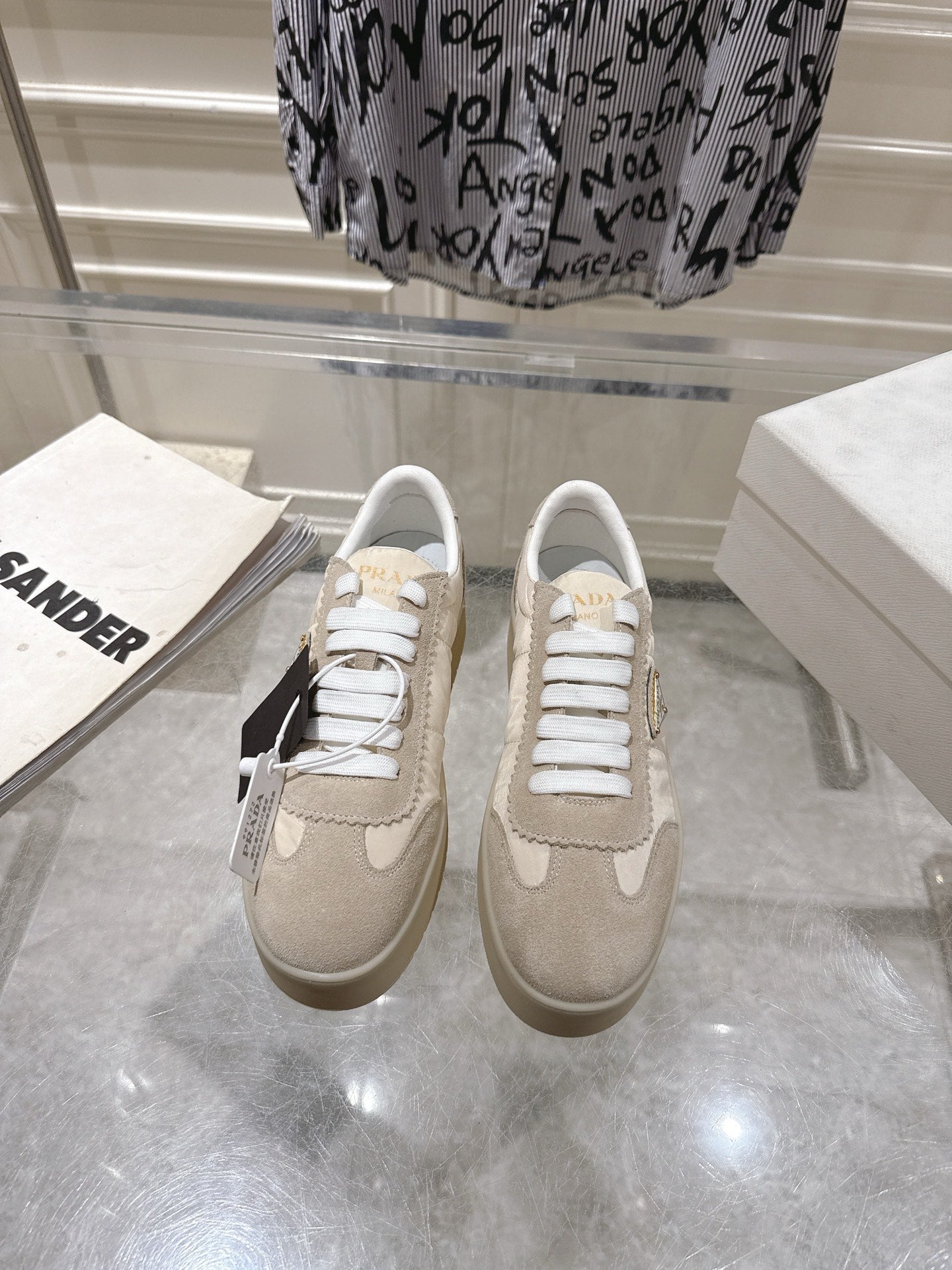 Prada 26s Downtown Sneakers Cream Beige Re-Nylon Suede 968251