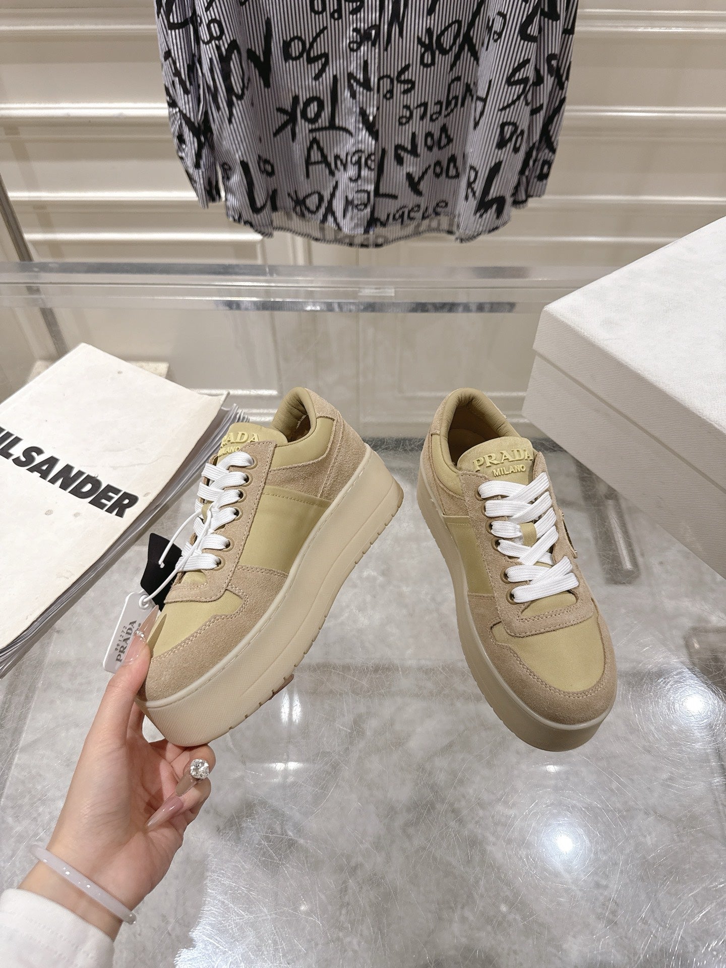 Prada 26s Downtown Sneakers Khaki Re-Nylon Suede 968253