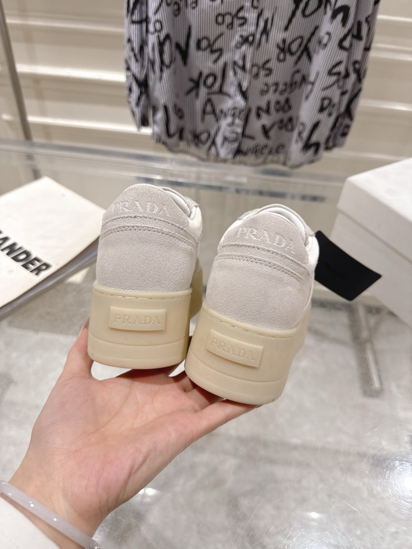 Prada 26s Downtown Sneakers Off White Re-Nylon Suede 968257